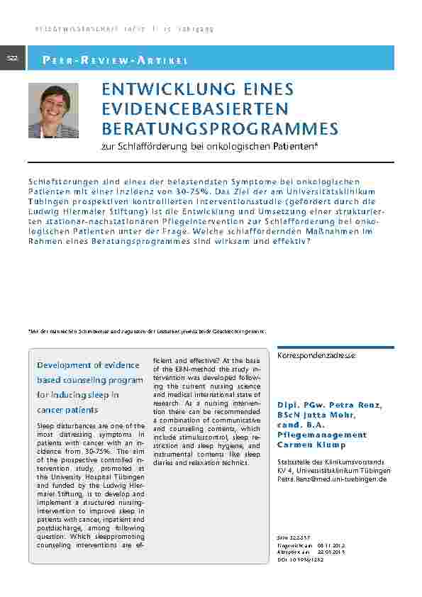 Entwicklung eines evidencebasierten Beratungsprogrammes zur Schlafförderung bei onkologischen Patienten