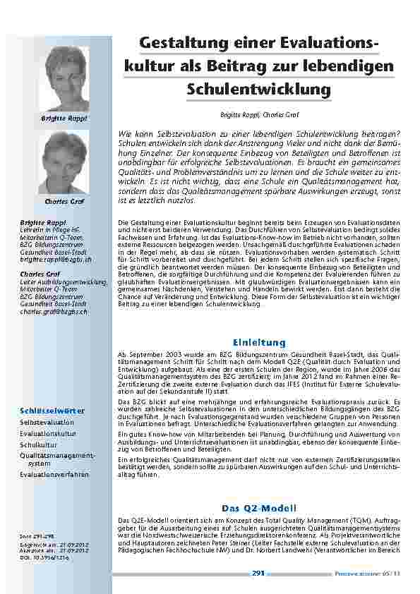 [doc_201298] Gestaltung einer Evaluationskultur als Beitrag zur lebendigen Schulentwicklung