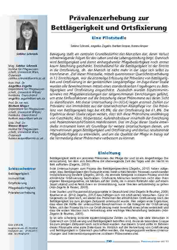 Prävalenzerhebung zur Bettlägerigkeit und Ortsfixierung – eine Pilotstudie