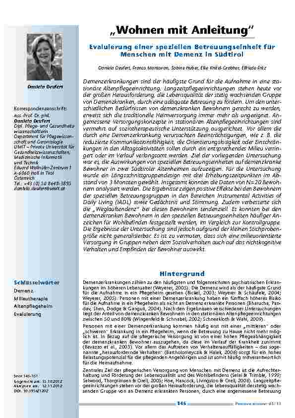 [doc_201282] „Wohnen mit Anleitung“ – Evaluierung einer speziellen Betreuungseinheit für Menschen mit Demenz in Südtirol