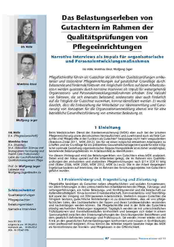 Das Belastungserleben von Gutachtern im Rahmen der Qualitätsprüfungen von Pflegeeinrichtungen - Narrative Interviews als Impuls für organisatorische und Personalentwicklungsmaßnahmen
