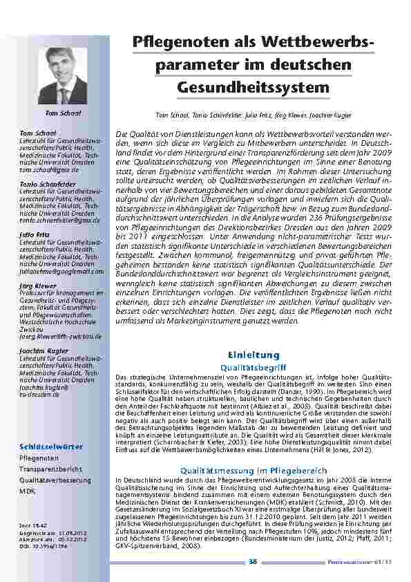 [doc_201273] Pflegenoten als Wettbewerbsparameter im deutschen Gesundheitssystem
