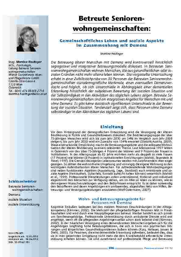 [doc_201260] Betreute Seniorenwohngemeinschaften: Gemeinschaftliches Leben und soziale Aspekte im Zusammenhang mit Demenz