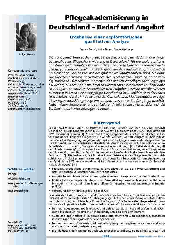 Pflegeakademisierung in Deutschland – Bedarf und Angebot - Ergebnisse einer exploratorischen, qualitativen Analyse