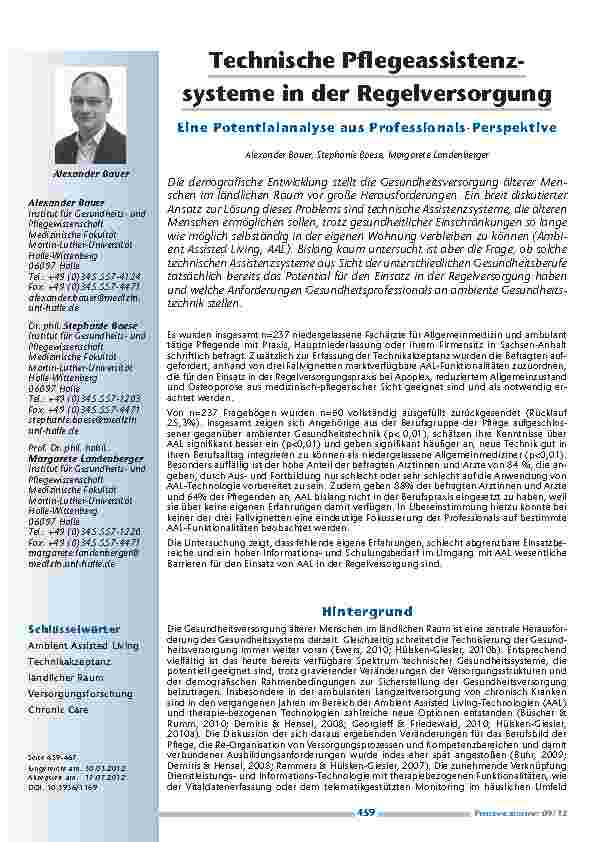 Technische Pflegeassistenzsysteme in der Regelversorgung - Eine Potentialanalyse aus Professionals-Perspektive