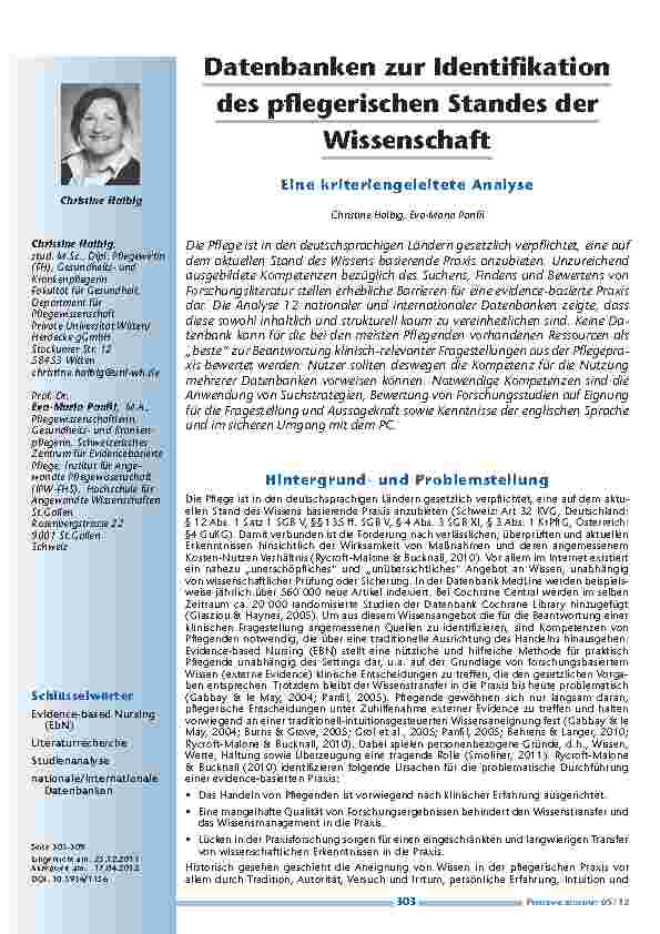 [doc_201227] Datenbanken zur Identifikation des pflegerischen Standes der Wissenschaft: Eine kriteriengeleitete Analyse