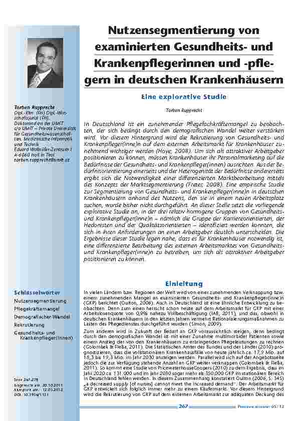 [doc_201222] Nutzensegmentierung von examinierten Gesundheitsund Krankenpflegerinnen und -pflegern in deutschen Krankenhäusern - Eine explorative Studie