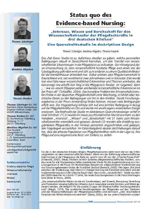 [doc_201211] Status quo des Evidence-based Nursing: „Interesse, Wissen und Bereitschaft für den Wissenschaftstransfer der Pflegefachkräfte in drei deutschen Kliniken“ - Eine Querschnittsstudie im deskriptiven Design