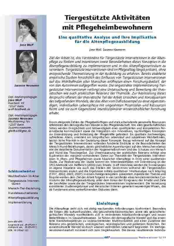 [doc_201192] Tiergestützte Aktivitäten mit Pflegeheimbewohnern – Eine qualitative Analyse und ihre Implikation für die Altenpflegeausbildung
