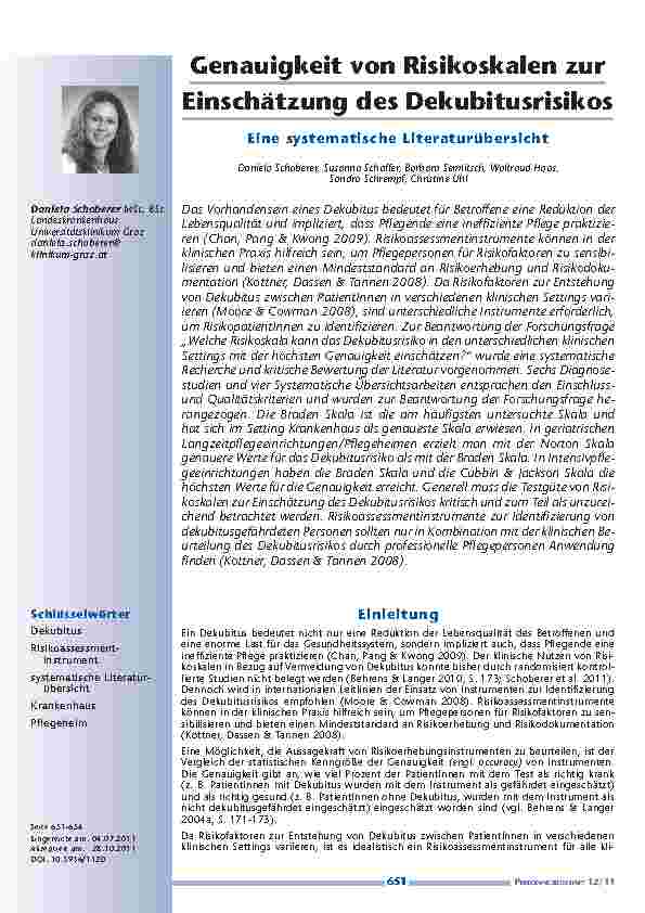 Genauigkeit von Risikoskalen zur Einschätzung des Dekubitusrisikos: Eine systematische Literaturübersicht