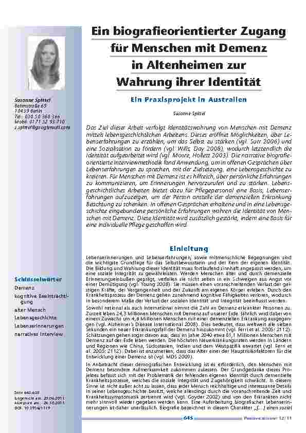 Ein biographieorientierter Zugang für Menschen mit Demenz in Altenheimen zur Wahrung ihrer Identität - Ein Praxisprojekt in Australien