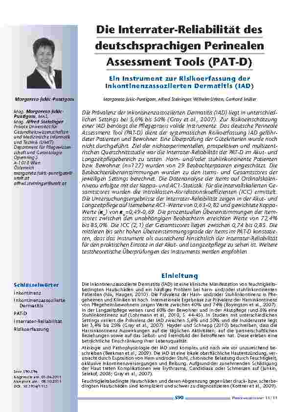 [doc_201181] Die Interrater-Reliabilität des deutschsprachigen Perinealen Assessment Tools (PAT-D). Ein Instrument zur Risikoerfassung der Inkontinenzassoziierten Dermatitis (IAD)