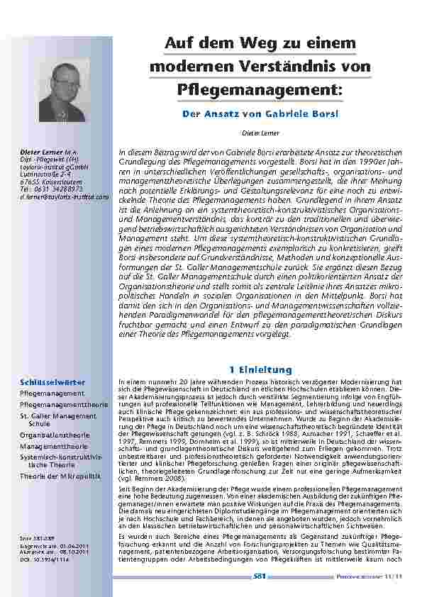 [doc_201179] Auf dem Weg zu einem modernen Verständnis von Pflegemanagement: Der Ansatz von Gabriele Borsi