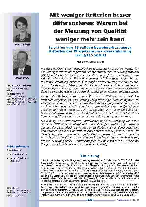 Mit weniger Kriterien besser differenzieren: Warum bei der Messung von Qualität weniger mehr sein kann - Selektion von 15 validen bewohnerbezogenen Kriterien der Pflegetransparenzvereinbarung nach §115 SGB XI
