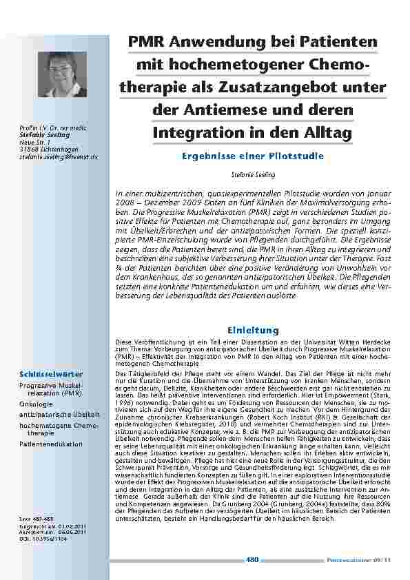 [doc_201168] PMR Anwendung bei Patienten mit hochemetogener Chemotherapie als Zusatzangebot unter der Antiemese und deren Integration in den Alltag. Ergebnisse einer Pilotstudie