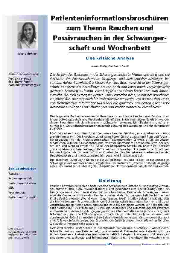 [doc_201155] Patienteninformationsbroschüren zum Thema Rauchen und Passivrauchen in der Schwangerschaft und Wochenbett: Eine kritische Analyse