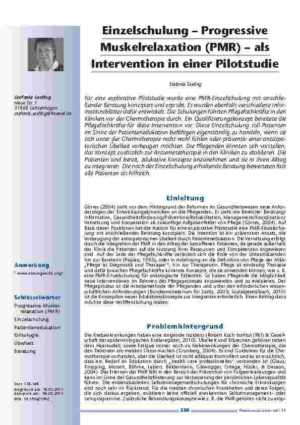 [doc_201154] Einzelschulung – Progressive Muskelrelaxation (PMR) – als Intervention in einer Pilotstudie