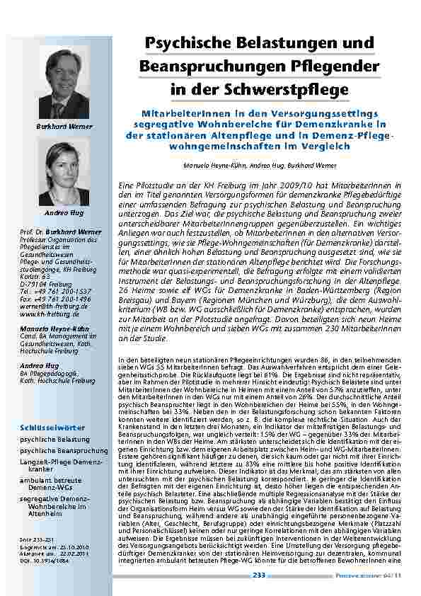 Psychische Belastungen und Beanspruchungen Pflegender in der Schwerstpflege – MitarbeiterInnen in den Versorgungssettings segregative Wohnbereiche für Demenzkranke in der stationären Altenpflege und in Demenz-Pflegewohngemeinschaften im Vergleich