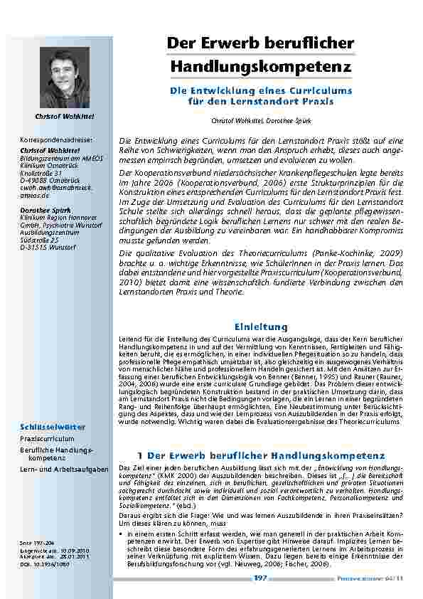 [doc_201140] Der Erwerb beruflicher Handlungskompetenz – Die Entwicklung eines Curriculums für den Lernstandort Praxis