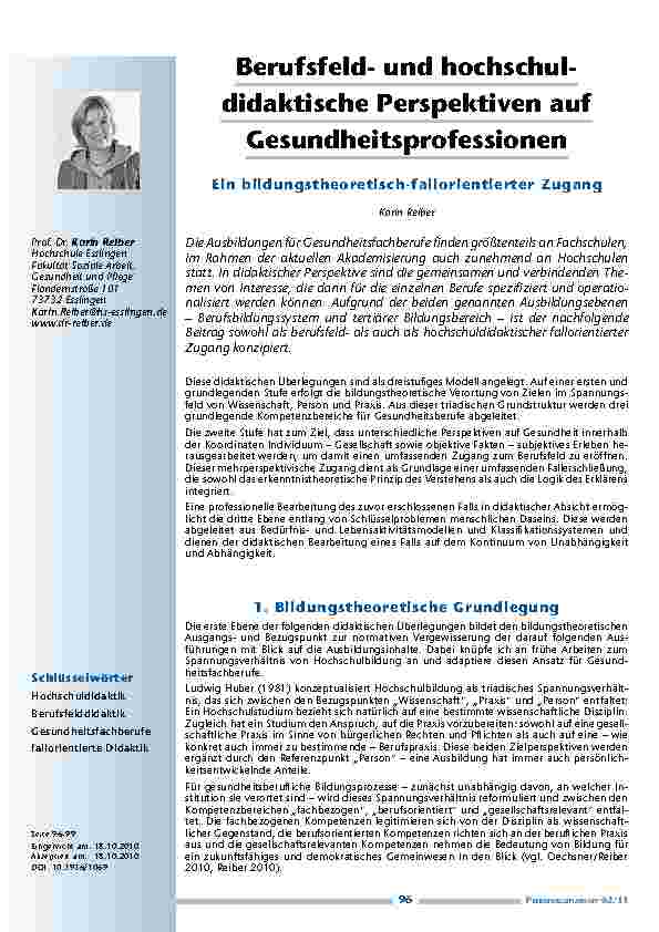 [doc_201129] Berufsfeldund hochschuldidaktische Perspektiven auf Gesundheitsprofessionen. Ein bildungstheoretisch-fallorientierter Zugang