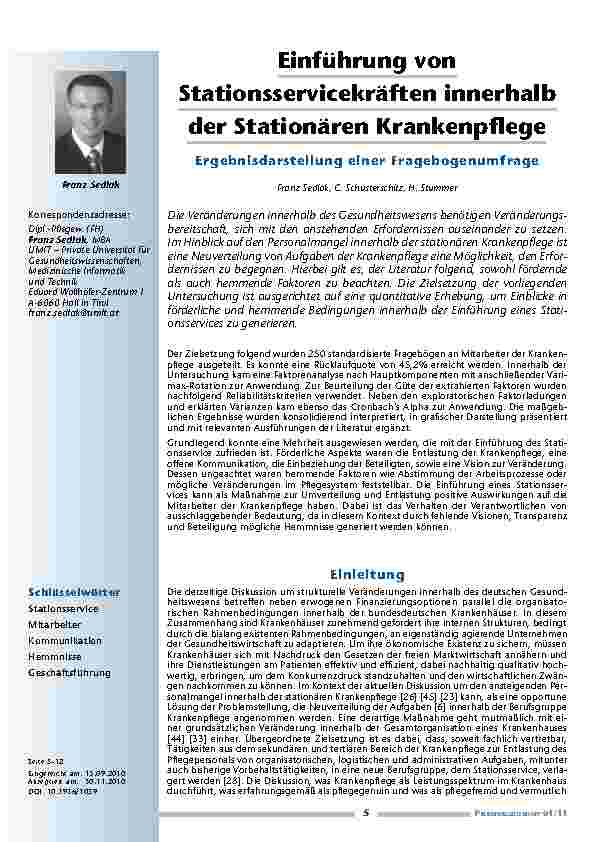 [doc_201117] Einführung von Stationsservicekräften innerhalb der Stationären Krankenpflege. Ergebnisdarstellung einer Fragebogenumfrage