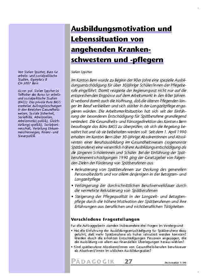 [doc_201110] Ausbildungsmotivation und Lebenssituation von angehenden Kranken-schwestern und -pflegern