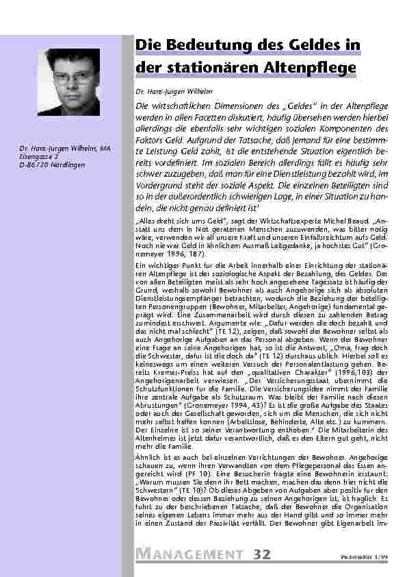 [doc_201108] Die Bedeutung des Geldes in der stationären Altenpflege