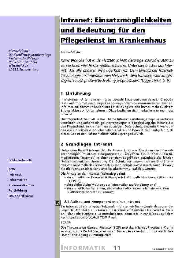 [doc_201103] Intranet: Einsatzmöglichkeiten und Bedeutung für den Pflegedienst im Krankenhaus