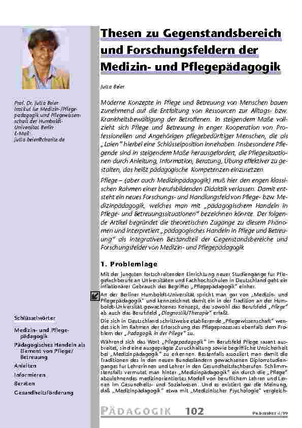 [doc_201080] Thesen zu Gegenstandsbereich und Forschungsfeldern der Medizinund Pflegepädagogik