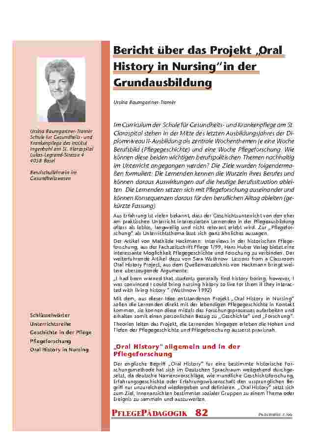 [doc_200994] Bericht über das Projekt „Oral History in Nursing“ in der Grundausbildung