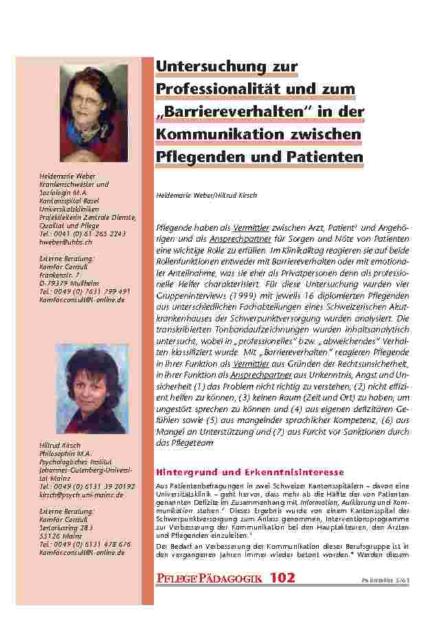 [doc_200919] Untersuchung zur Professionalität und zum „Barriereverhalten“ in der Kommunikation zwischen Pflegenden und Patienten
