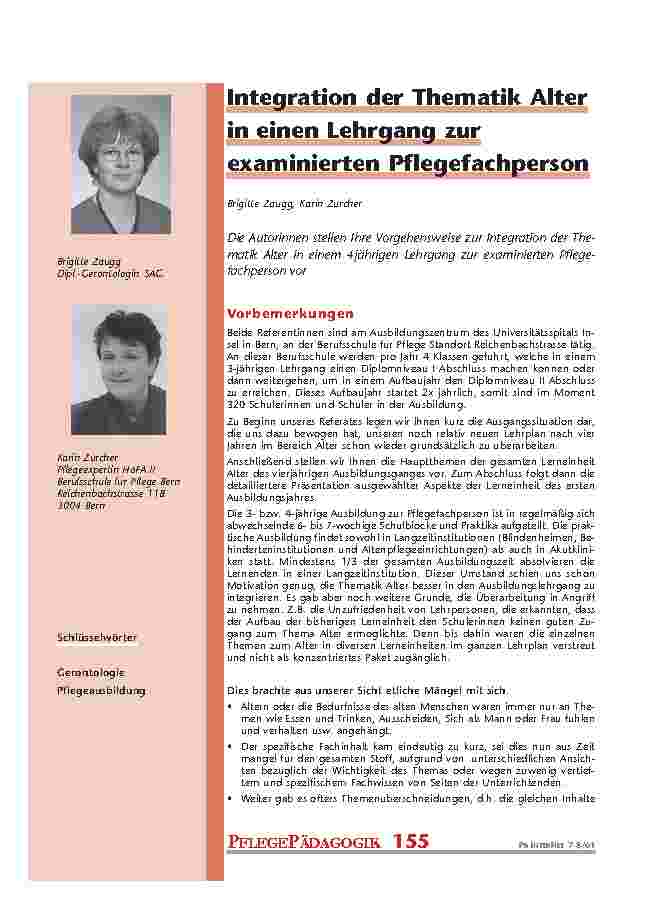Integration der Thematik Alter in einen Lehrgang zur examinierten Pflegefachperson
