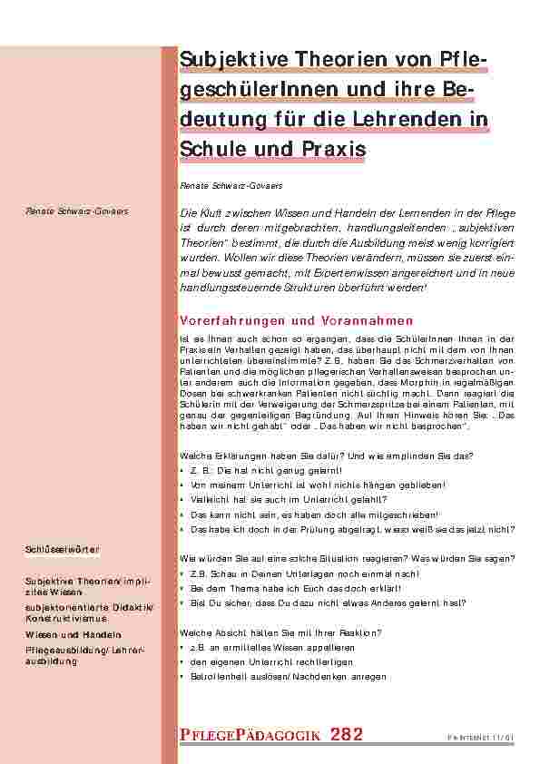 [doc_200878] Subjektive Theorien von PflegeschülerInnen und ihre Bedeutung für die Lehrenden in Schule und Praxis