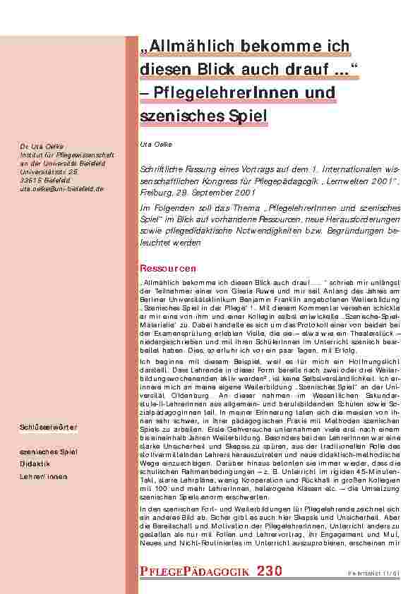 "Allmählich bekomme ich diesen Blick auch drauf ..." - PflegelehrerInnen und szenisches Spiel