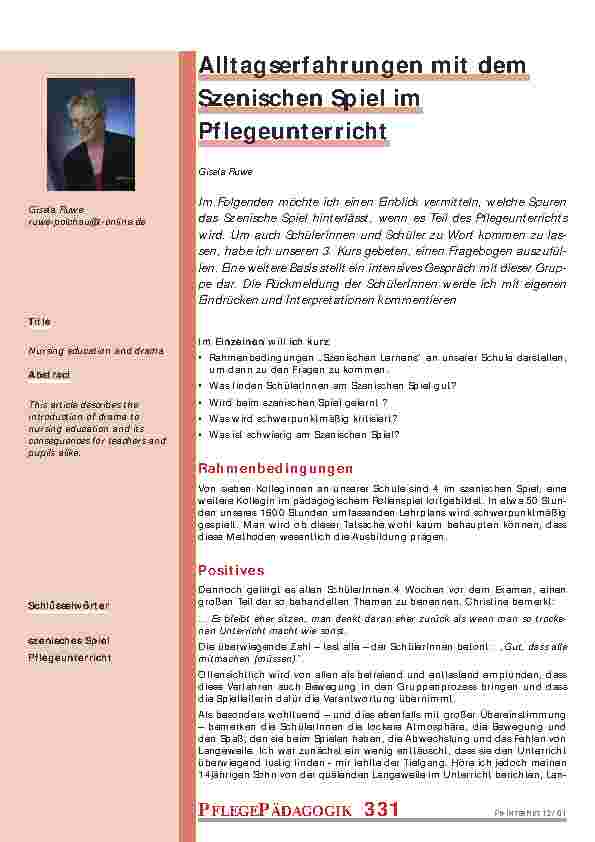Alltagserfahrungen mit dem Szenischen Spiel im Pflegeunterricht
