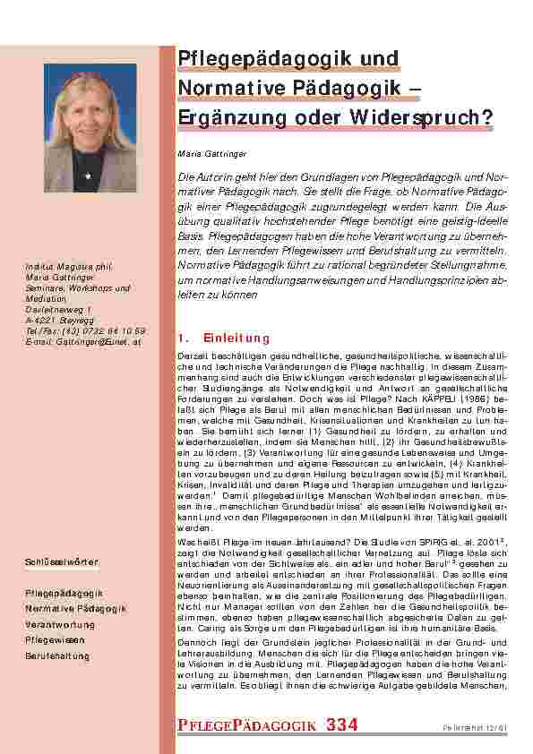 Pflegepädagogik und Normative Pädagogik – Ergänzung oder Widerspruch?