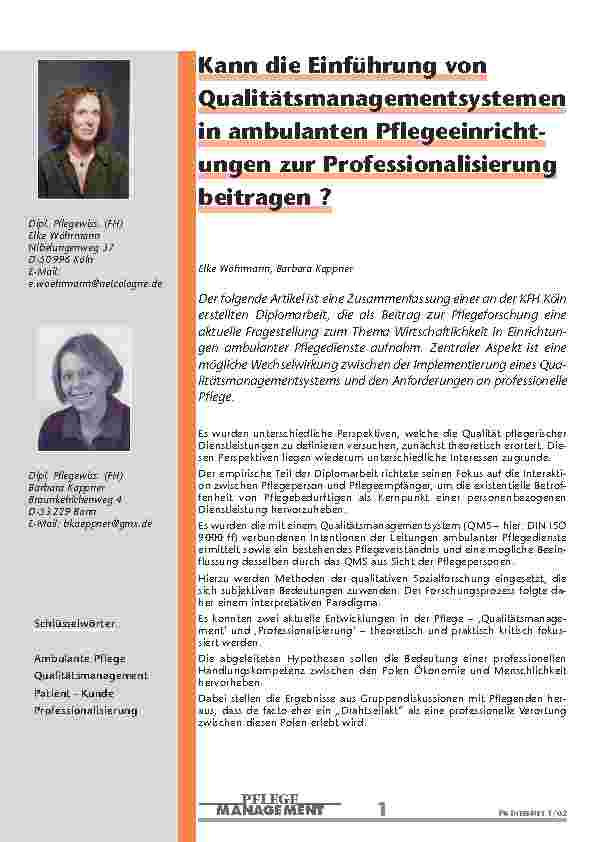 Kann die Einführung von Qualitätsmanagementsystemen in ambulanten Pflegeeinrichtungen zur Professionalisierung beitragen ?
