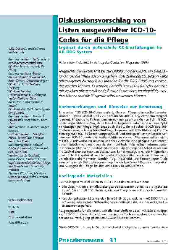 Diskussionsvorschlag von Listen ausgewählter ICD-10-Codes für die Pflege