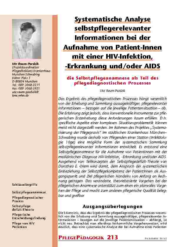 [doc_200801] Systematische Analyse selbstpflegerelevanter Informationen bei der Aufnahme von PatientInnen mit einer HIV-Infektion, -Erkrankung und/oder AIDS