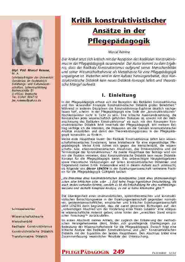 Kritik konstruktivistischer Ansätze in der Pflegepädagogik