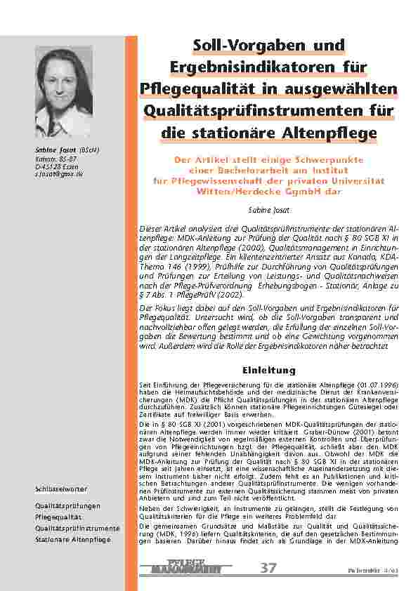 Soll-Vorgaben undErgebnisindikatoren fürPflegequalität in ausgewähltenQualitätsprüfinstrumenten fürdie stationäre Altenpflege