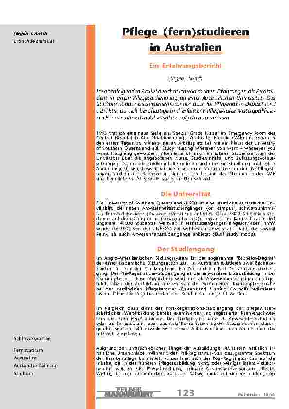 Pflege (fern)studierenin Australien