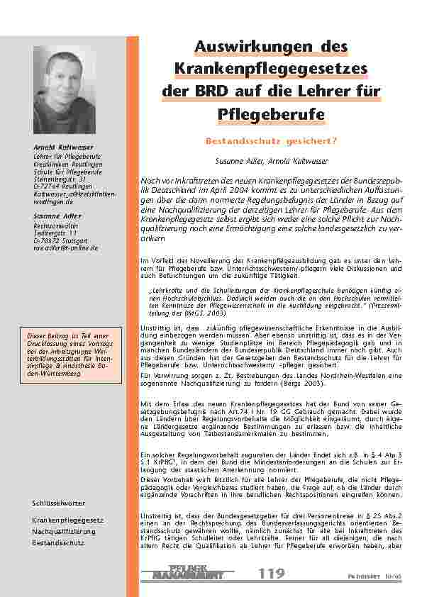 Auswirkungen desKrankenpflegegesetzesder BRD auf die Lehrer fürPflegeberufe