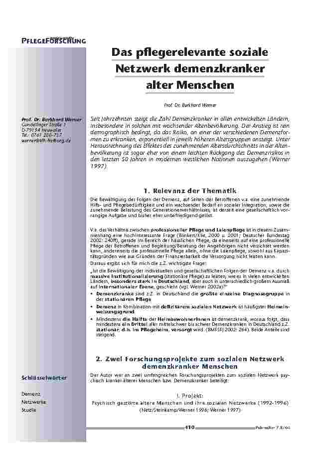 Das pflegerelevante sozialeNetzwerk demenzkrankeralter Menschen