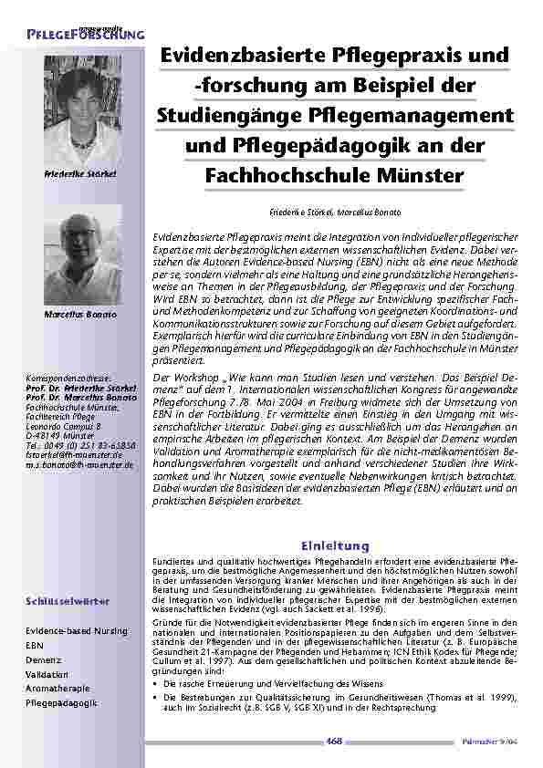 [doc_200633] Evidenzbasierte Pflegepraxis und-forschung am Beispiel derStudiengänge Pflegemanagementund Pflegepädagogik an derFachhochschule Münster