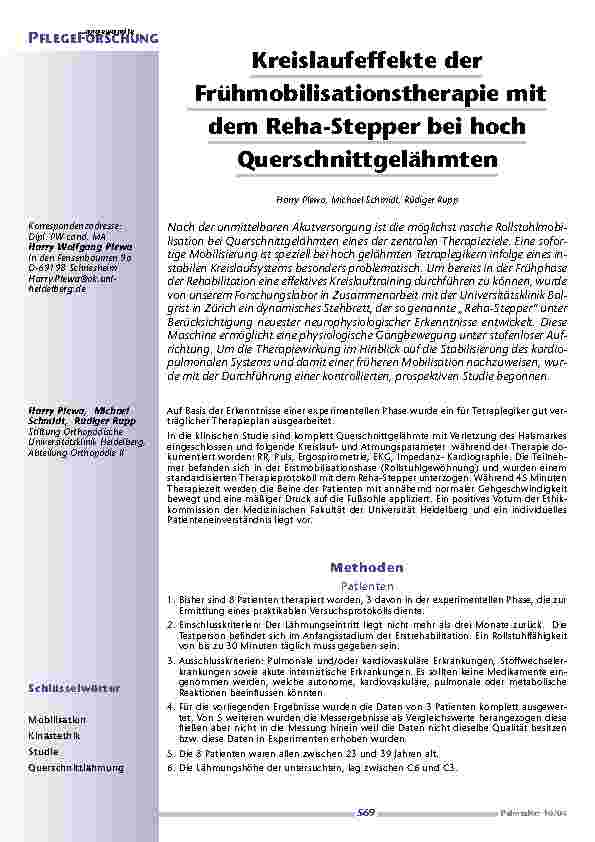 Kreislaufeffekte derFrühmobilisationstherapie mitdem Reha-Stepper bei hochQuerschnittgelähmten