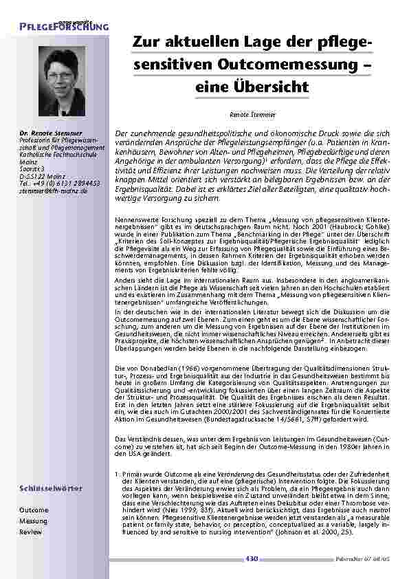 [doc_200546] Zur aktuellen Lage der pflege-sensitiven Outcomemessung – eine Übersicht