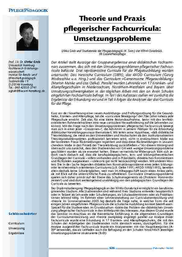 Theorie und Praxis pflegerischer Fachcurricula: Umsetzungsprobleme
