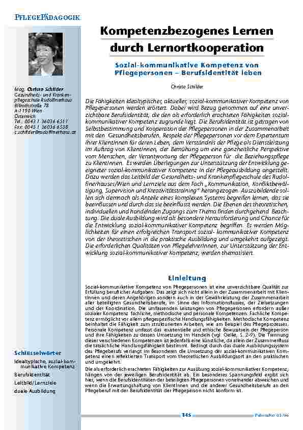Kompetenzbezogenes Lernendurch LernortkooperationSozial-kommunikative Kompetenz von Pflegepersonen – Berufsidentität leben