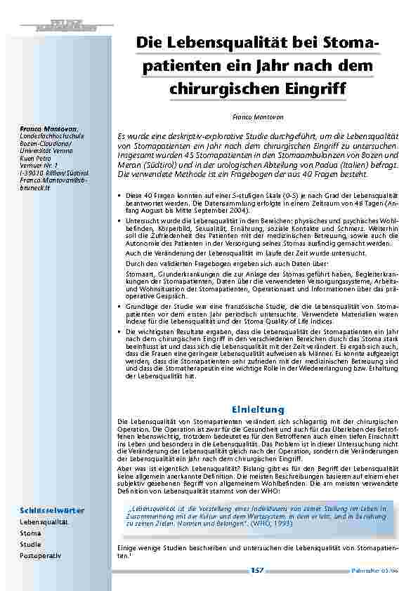 Die Lebensqualität bei Stoma-patienten ein Jahr nach dem chirurgischen Eingriff